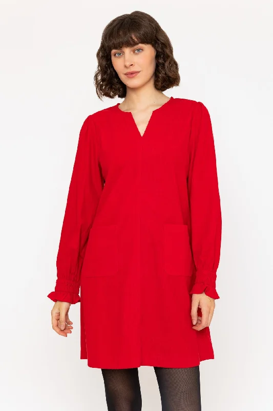 Black day dress for versatile style -Long Sleeve Cord Mini V-Neck Dress in Red