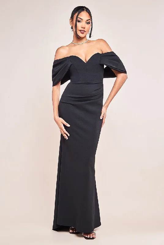 Bridesmaid dresses with lace-up back for adjustable fit -Goddiva Off The Shoulder Draped Sleeve Maxi Dress - Black Bridesmaid dresses with lace-up back for adjustable fit -Goddiva Off The Shoulder Draped Sleeve Maxi Dress - Black