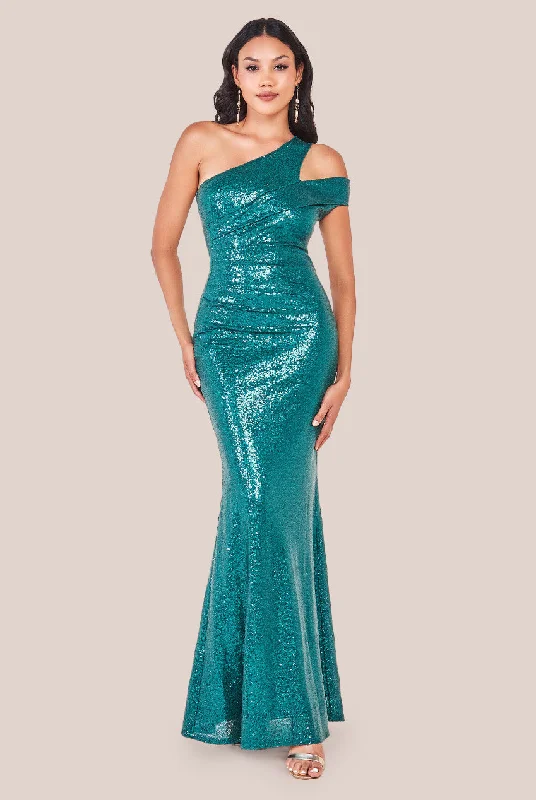 Bridesmaid dress with high neckline for a modest look -One Shoulder Sequin Evening Maxi - Emerald Green by Goddiva Bridesmaid dress with high neckline for a modest look -One Shoulder Sequin Evening Maxi - Emerald Green by Goddiva