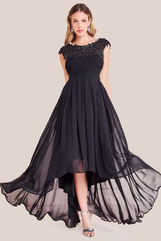 Bridesmaid dresses with pleats for textured look -Goddiva Crochet & Pleated Top High Low Maxi - Black Bridesmaid dresses with pleats for textured look -Goddiva Crochet & Pleated Top High Low Maxi - Black