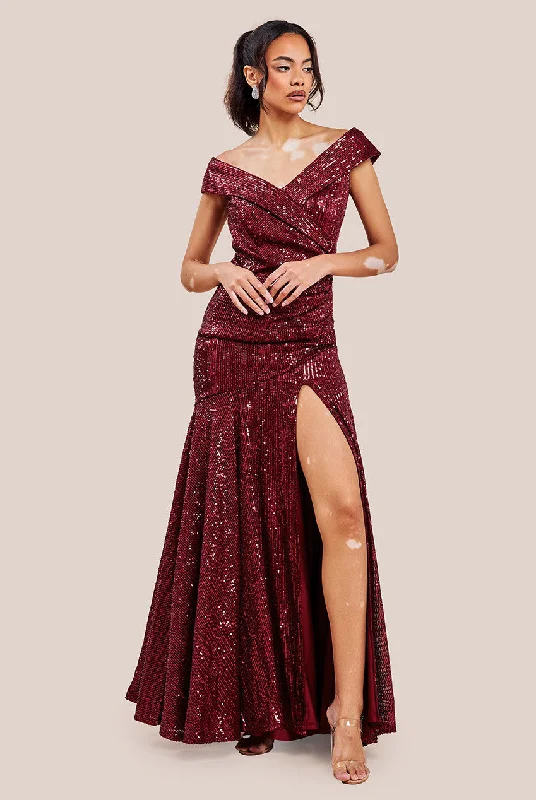 Bridesmaid dresses with open back for chic look -Bardot Sequin Pleated Maxi Dress - Wine by Goddiva Bridesmaid dresses with open back for chic look -Bardot Sequin Pleated Maxi Dress - Wine by Goddiva