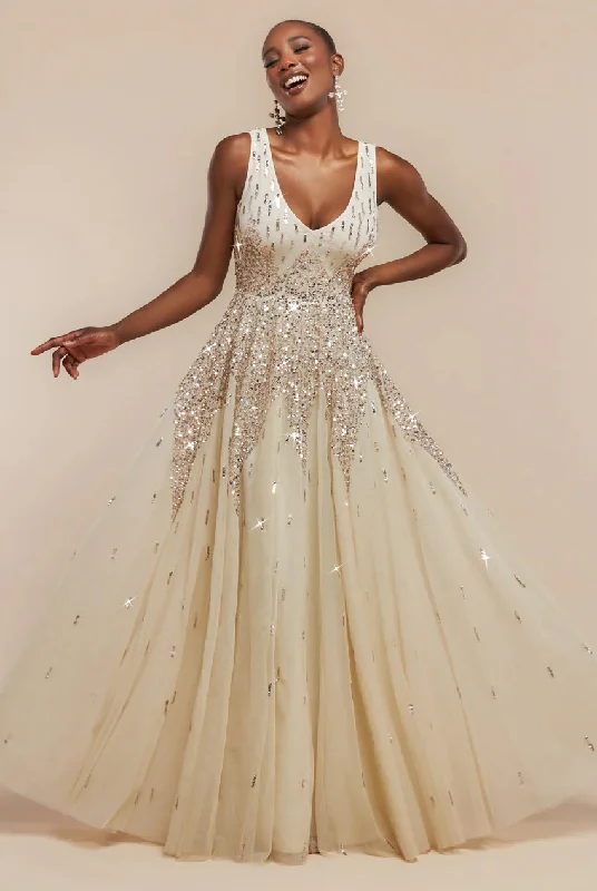 Bridesmaid dress with draped fabric for elegant look -Sunray Hand Embellished Sequin A-Line Sleeveless Maxi Dress - Ivory by Goddiva Bridesmaid dress with draped fabric for elegant look -Sunray Hand Embellished Sequin A-Line Sleeveless Maxi Dress - Ivory by Goddiva
