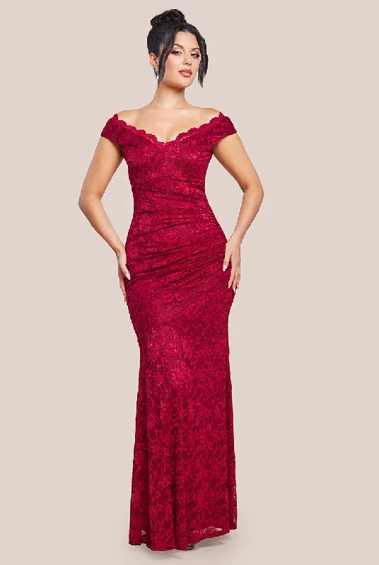 Elegant bridesmaid dress with high waistline -Off The Shoulder Scalloped Neck Maxi Dress - Wine by Goddiva Elegant bridesmaid dress with high waistline -Off The Shoulder Scalloped Neck Maxi Dress - Wine by Goddiva