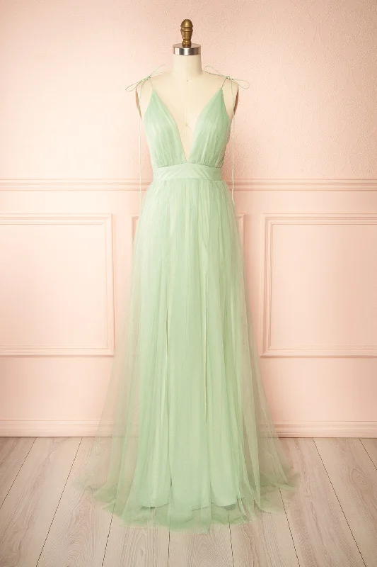 Bridesmaid dresses with chiffon material for flowy feel -Hyedi Sage | Tulle Gown with Plunging Neckline Bridesmaid dresses with chiffon material for flowy feel -Hyedi Sage | Tulle Gown with Plunging Neckline