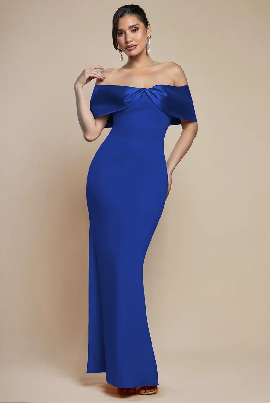 Bridesmaid dress with embroidered details for intricate design -Twist Knot Satin & Scuba Bardot Maxi Dress - Royal Blue by Goddiva Bridesmaid dress with embroidered details for intricate design -Twist Knot Satin & Scuba Bardot Maxi Dress - Royal Blue by Goddiva