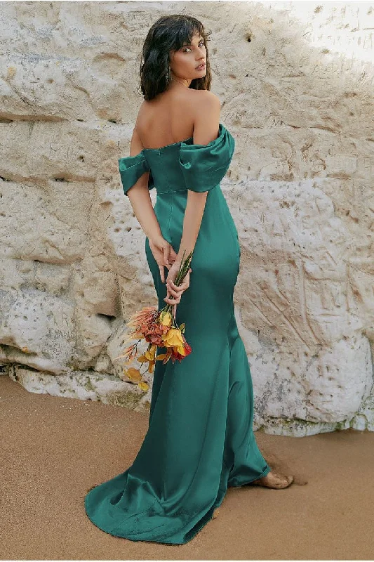 Affordable bridesmaid dress for wedding -Off Shoulder Satin Maxi With V Neck - Emerald by Goddiva Affordable bridesmaid dress for wedding -Off Shoulder Satin Maxi With V Neck - Emerald by Goddiva