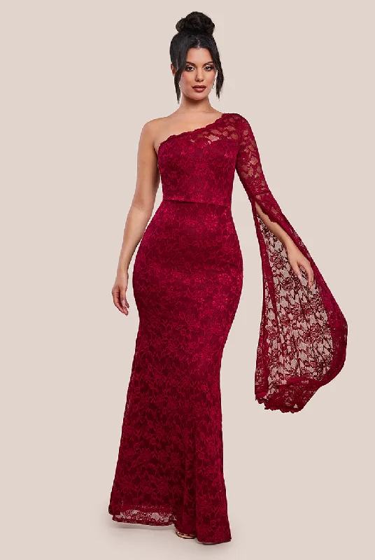 Bridesmaid dresses with tiered design for textured effect -One Shoulder Scalloped Neck Maxi Dress - Wine by Goddiva Bridesmaid dresses with tiered design for textured effect -One Shoulder Scalloped Neck Maxi Dress - Wine by Goddiva