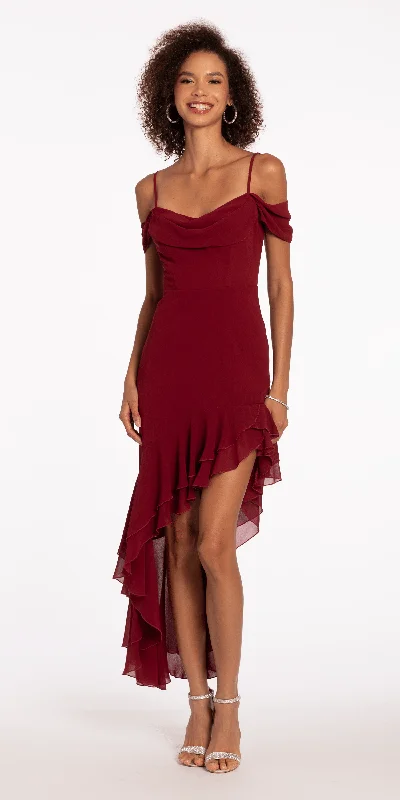 Day dress with asymmetrical hem for modern flair -Chiffon Off the Shoulder Drape High Low Dress with Ruffle Hem Day dress with asymmetrical hem for modern flair -Chiffon Off the Shoulder Drape High Low Dress with Ruffle Hem