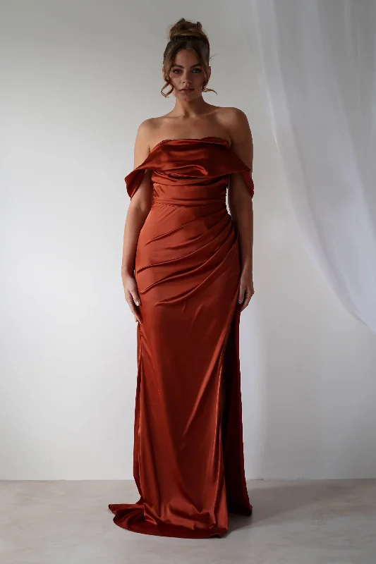 Classic black bridesmaid dress for formal weddings -Beth Draped Silky Satin Gown | Rust Classic black bridesmaid dress for formal weddings -Beth Draped Silky Satin Gown | Rust