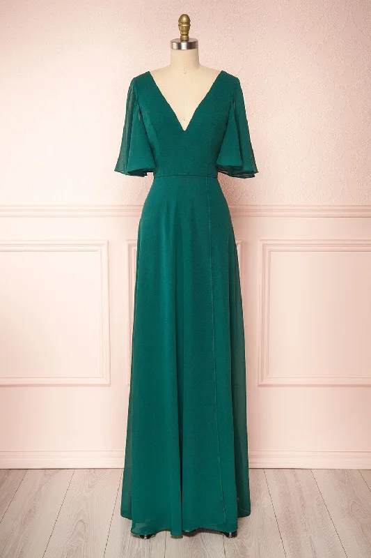 Bridesmaid dresses with floral embroidery for detailed design -Adelphia Green | V-Neck Chiffon Maxi Dress Bridesmaid dresses with floral embroidery for detailed design -Adelphia Green | V-Neck Chiffon Maxi Dress