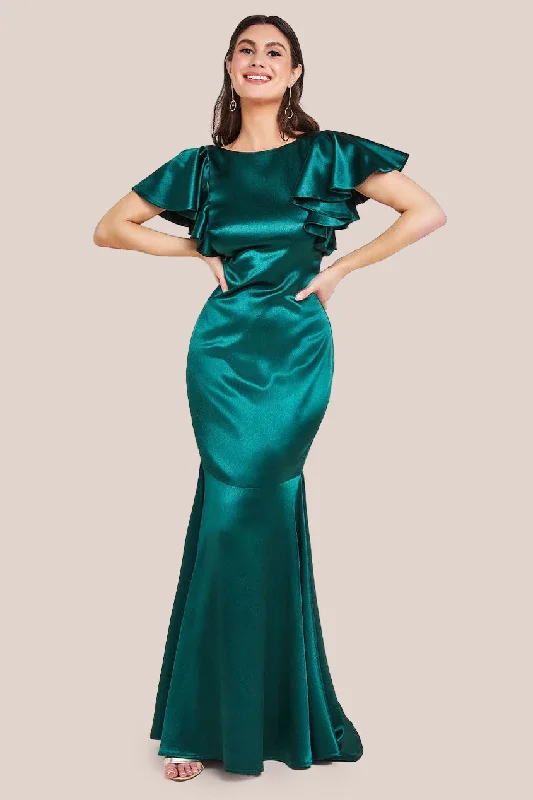 Vintage bridesmaid dress with lace detailing -Goddiva Satin Flutter Sleeve Mermaid Maxi - Emerald Green Vintage bridesmaid dress with lace detailing -Goddiva Satin Flutter Sleeve Mermaid Maxi - Emerald Green