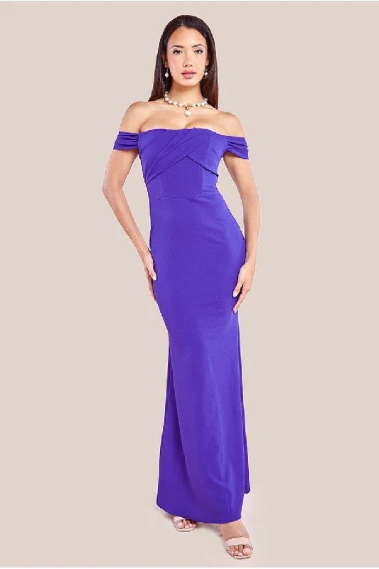 Light blue bridesmaid dress for a fresh feel -Pleated Bardot Scuba Maxi Dress - Purple by Goddiva Light blue bridesmaid dress for a fresh feel -Pleated Bardot Scuba Maxi Dress - Purple by Goddiva