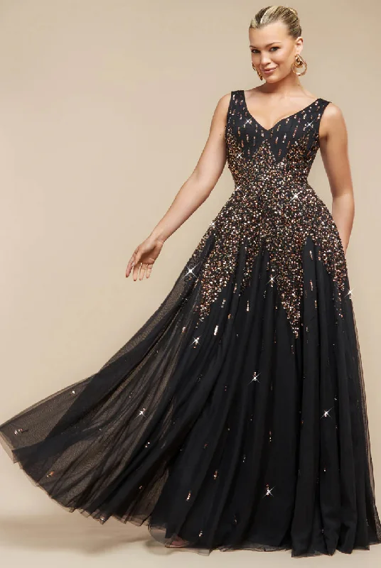 Bridesmaid dress with pleated back for unique touch -Sunray Hand Embellished Sequin A-Line Sleeveless Maxi Dress - Black by Goddiva Bridesmaid dress with pleated back for unique touch -Sunray Hand Embellished Sequin A-Line Sleeveless Maxi Dress - Black by Goddiva