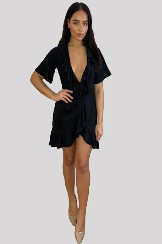 Women's wrap dresses with travel-inspired accessories-Black Frilled Satin Wrap Dress Women's wrap dresses with travel-inspired accessories-Black Frilled Satin Wrap Dress