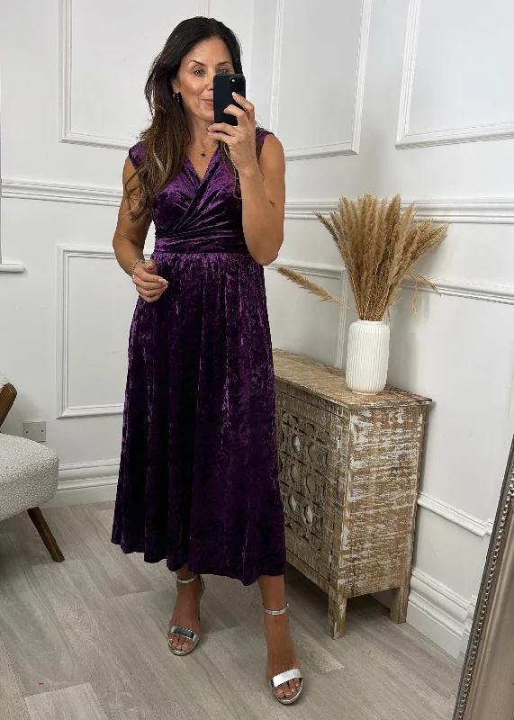 Day dress with pockets for casual convenience -Mirabella Purple Velvet Wrap Midi Dress Day dress with pockets for casual convenience -Mirabella Purple Velvet Wrap Midi Dress