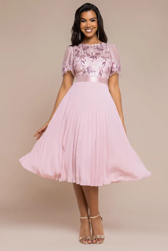 Bridesmaid dresses for winter weddings with long sleeves -Goddiva Embroidered Top Chiffon Pleated Midi - Blush Pink
