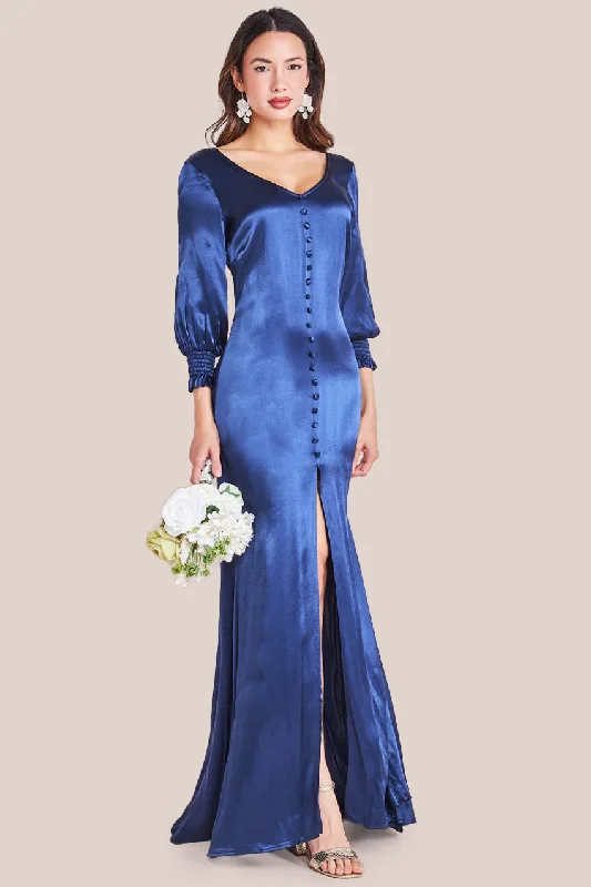 Chic bridesmaid dress with fitted waistline -Goddiva Satin Viscose Front Split Maxi - Navy Chic bridesmaid dress with fitted waistline -Goddiva Satin Viscose Front Split Maxi - Navy
