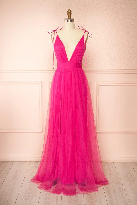 Simple bridesmaid dress for minimalist bridesmaids -Hyedi Fuchsia | Tulle Gown with Plunging Neckline Simple bridesmaid dress for minimalist bridesmaids -Hyedi Fuchsia | Tulle Gown with Plunging Neckline