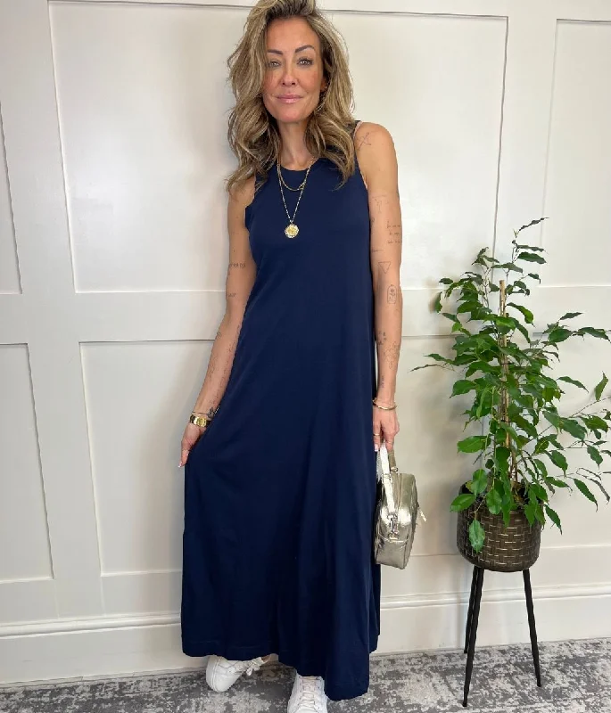 Day dress with cuffed sleeves for relaxed style -Navy Column Midi Dress