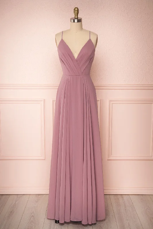 Bridesmaid dress with cap sleeves for soft look -Aelis Mauve | Pleated Plunging V-Neckline Gown Bridesmaid dress with cap sleeves for soft look -Aelis Mauve | Pleated Plunging V-Neckline Gown