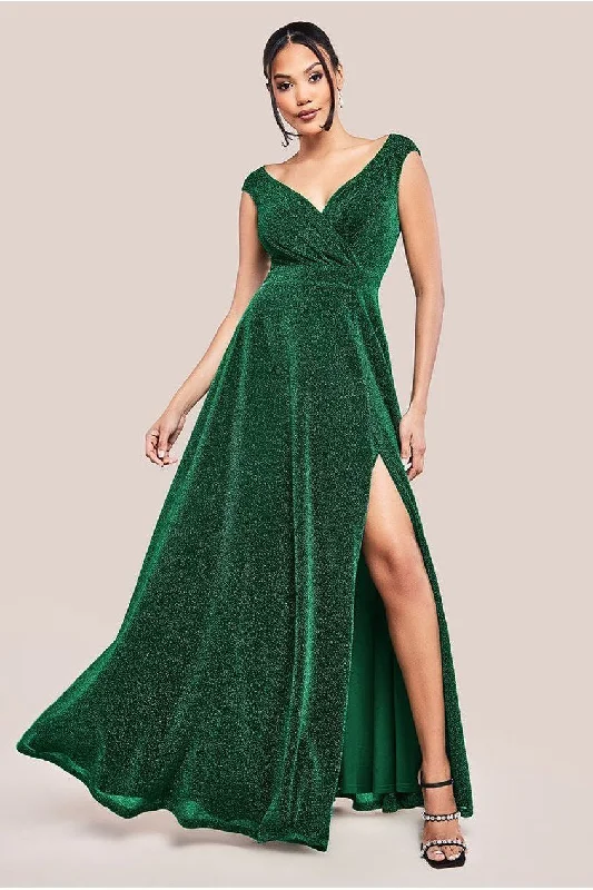Floor-length bridesmaid dress for glamorous wedding style -Goddiva Crossover Lurex Glitter Maxi Dress - Emerald Floor-length bridesmaid dress for glamorous wedding style -Goddiva Crossover Lurex Glitter Maxi Dress - Emerald