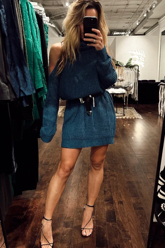 Comfortable cotton day dress for everyday wear -Jeni Teal Mini Sweater Dress