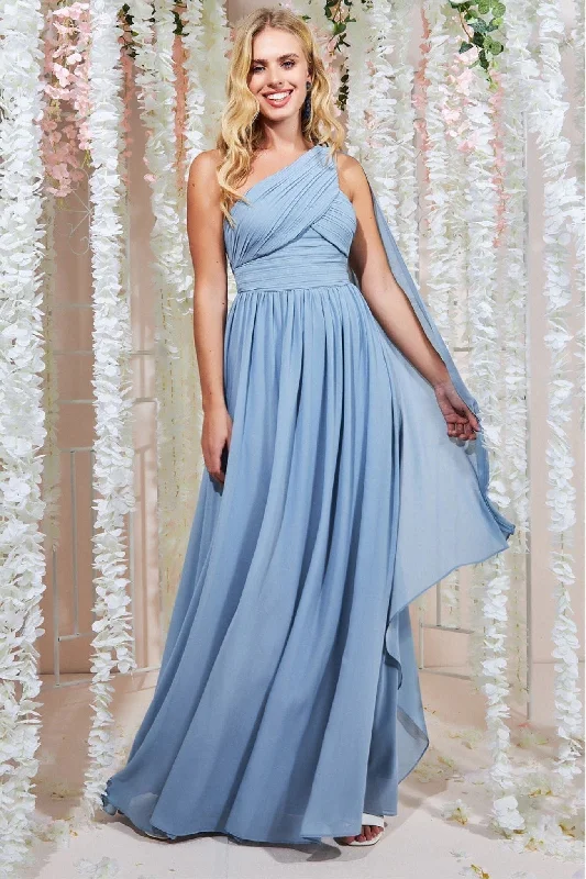 Bridesmaid dress with full skirt for dramatic effect -One Shoulder Pleated Chiffon Scarf Maxi - Blue by Goddiva Bridesmaid dress with full skirt for dramatic effect -One Shoulder Pleated Chiffon Scarf Maxi - Blue by Goddiva