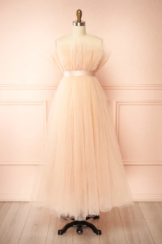Bridesmaid dress with glittery finish for sparkle -Bethany | Beige Midi Strapless Tulle Dress Bridesmaid dress with glittery finish for sparkle -Bethany | Beige Midi Strapless Tulle Dress