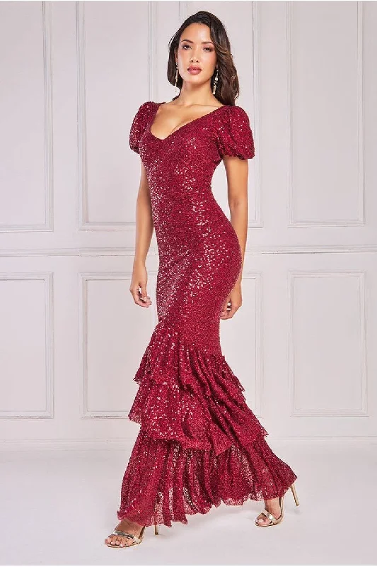 Floral bridesmaid dress for spring wedding -Puff Sleeve Tiered Hem Maxi Dress - Wine by Goddiva Floral bridesmaid dress for spring wedding -Puff Sleeve Tiered Hem Maxi Dress - Wine by Goddiva