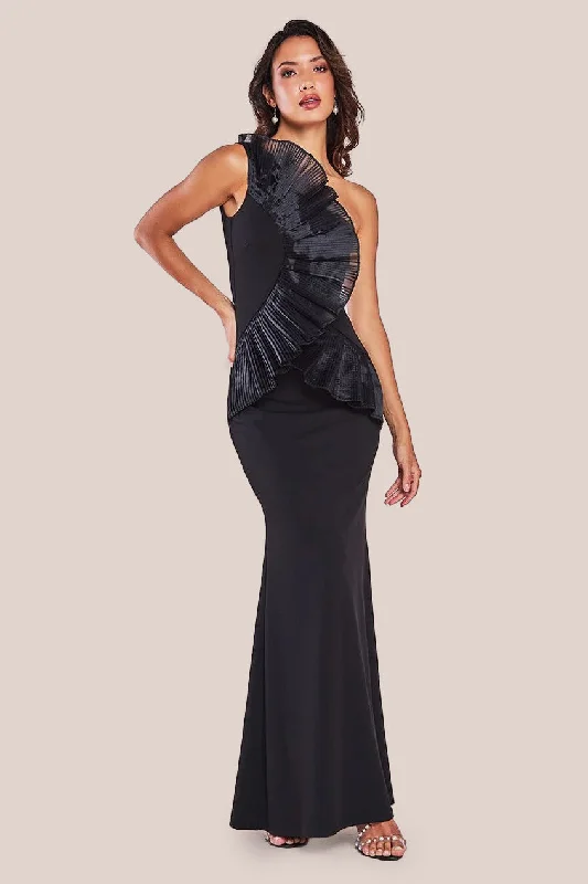 Bridesmaid dresses with beaded details for sparkle -One Shoulder Pleated Fan Maxi Dress - Black by Goddiva Bridesmaid dresses with beaded details for sparkle -One Shoulder Pleated Fan Maxi Dress - Black by Goddiva
