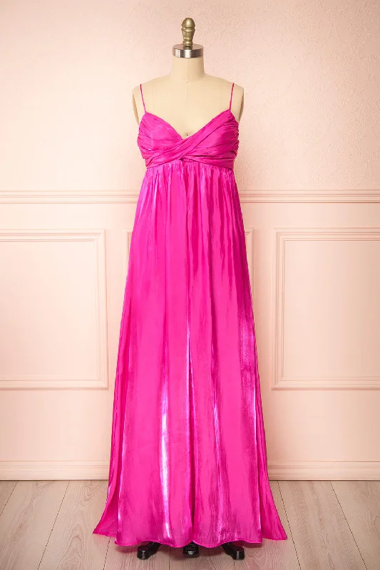 Bridesmaid dress with deep neckline for dramatic effect -Eowyn | Silky Pleated Fuchsia Maxi Dress Bridesmaid dress with deep neckline for dramatic effect -Eowyn | Silky Pleated Fuchsia Maxi Dress
