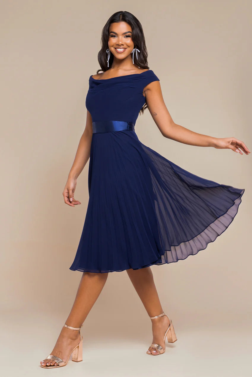 Elegant bridesmaid dresses for fall wedding -Cowl Neck Pleated A-Line Chiffon Midi Dress - Navy Blue by Goddiva Elegant bridesmaid dresses for fall wedding -Cowl Neck Pleated A-Line Chiffon Midi Dress - Navy Blue by Goddiva