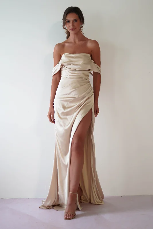 Best bridesmaid dress for beach wedding -Beth Draped Silky Satin Gown | Champagne