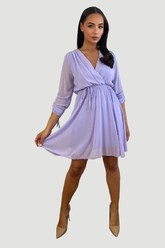 Wrap dresses for music festivals-Fixed Wrap Drawstring Sleeves Chiffon Dress