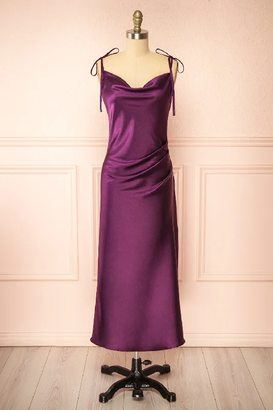 Bridesmaid dresses with asymmetrical hemline for modern look -Elyse Purple | Cowl Neck Midi Dress Bridesmaid dresses with asymmetrical hemline for modern look -Elyse Purple | Cowl Neck Midi Dress