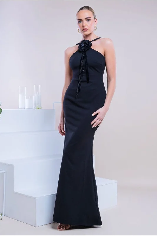 Floor-length bridesmaid dress for formal weddings -Racer Neck Corsage Scuba Maxi - Black by Goddiva Floor-length bridesmaid dress for formal weddings -Racer Neck Corsage Scuba Maxi - Black by Goddiva