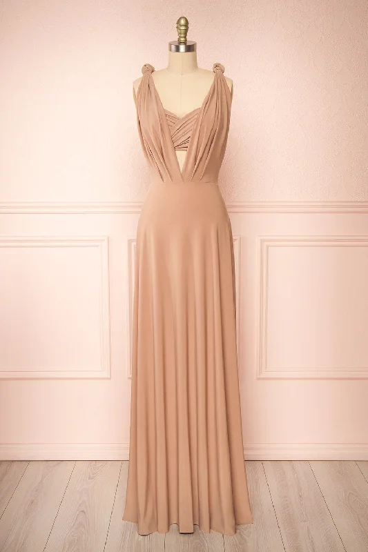 Bridesmaid dress with deep neckline for dramatic effect -Violaine Beige | Convertible Maxi Dress Bridesmaid dress with deep neckline for dramatic effect -Violaine Beige | Convertible Maxi Dress