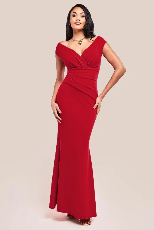 Bridesmaid dress with tulle skirt for princess look -Goddiva Bardot Pleated Maxi Dress - Red Bridesmaid dress with tulle skirt for princess look -Goddiva Bardot Pleated Maxi Dress - Red
