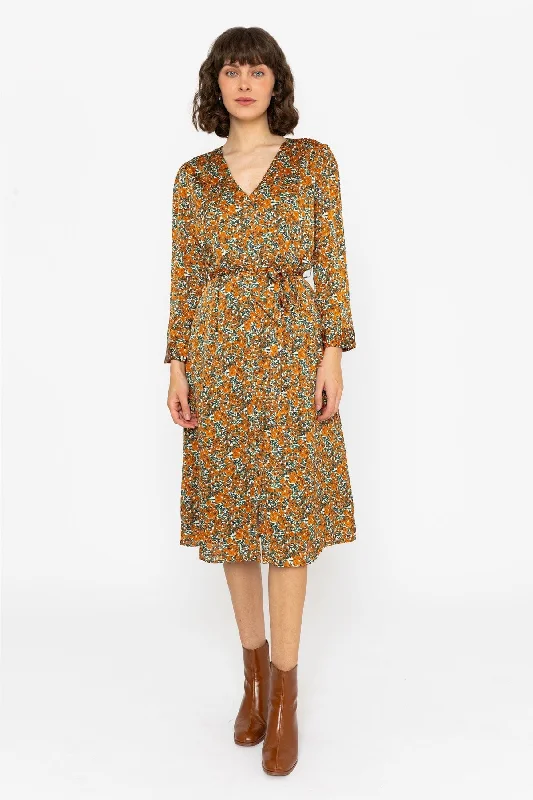Day dress with sheer sleeves for delicate touch -Long Sleeve Green & Orange Floral Jennifer Midi Dress Day dress with sheer sleeves for delicate touch -Long Sleeve Green & Orange Floral Jennifer Midi Dress