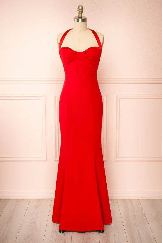 Bridesmaid dress with floral embroidery for detailed design -Sandra Red | Halter Mermaid Maxi Dress w/ Open Back Bridesmaid dress with floral embroidery for detailed design -Sandra Red | Halter Mermaid Maxi Dress w/ Open Back