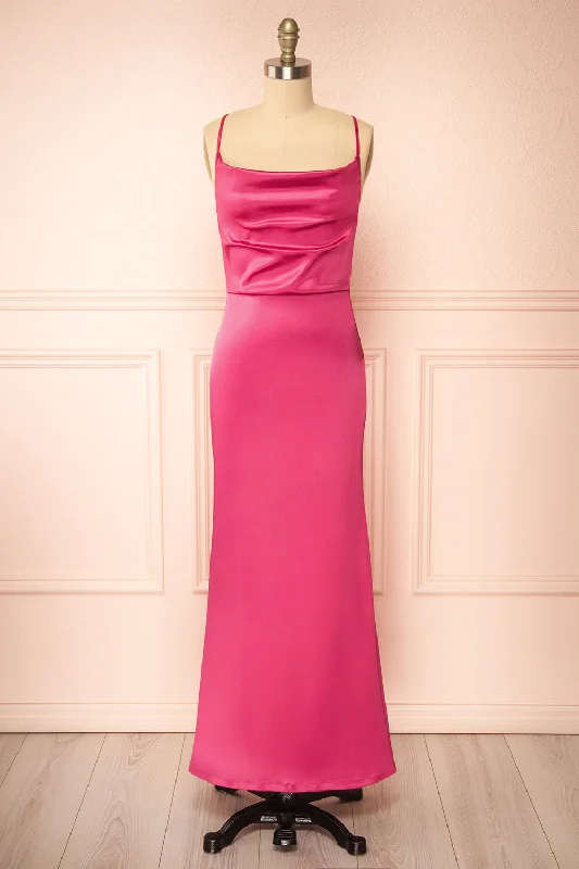 Bridesmaid dresses with wrap style for flattering fit -Alexia Pink | Long Satin Mermaid Dress w/ Cowl Neck Bridesmaid dresses with wrap style for flattering fit -Alexia Pink | Long Satin Mermaid Dress w/ Cowl Neck