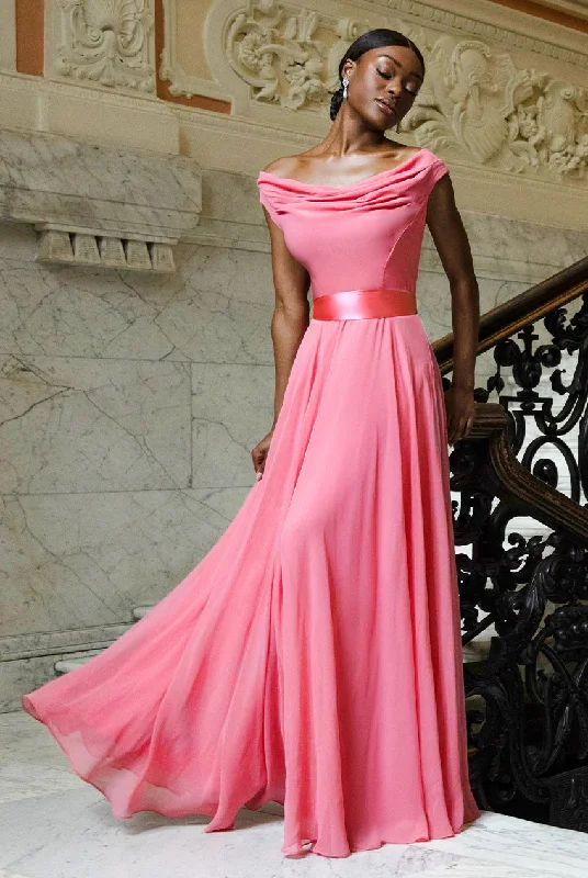 Bridesmaid dress for outdoor wedding in summer -Cowl Neck A-Line Chiffon Maxi Dress - Coral by Goddiva Bridesmaid dress for outdoor wedding in summer -Cowl Neck A-Line Chiffon Maxi Dress - Coral by Goddiva