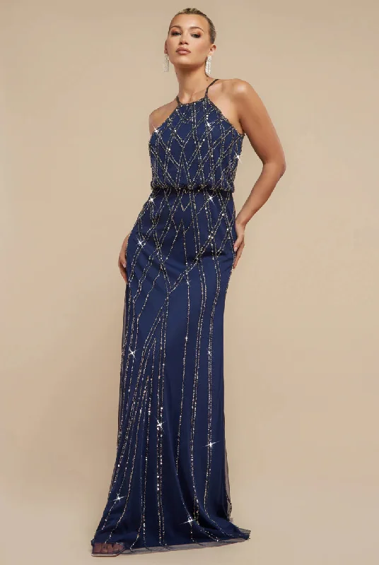 Bridesmaid dress with floral print for a spring vibe -Racer Neck Sleeveless Hand Embellished Sequin Maxi Dress - Navy Blue by Goddiva Bridesmaid dress with floral print for a spring vibe -Racer Neck Sleeveless Hand Embellished Sequin Maxi Dress - Navy Blue by Goddiva