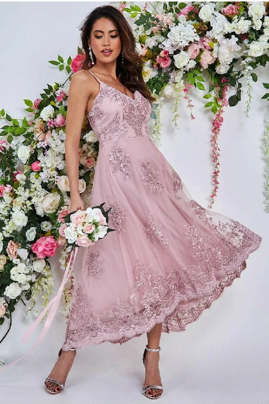 Bridesmaid dress with boat neckline for refined look -Goddiva High Low Scalloped Midi Dress - Blush Bridesmaid dress with boat neckline for refined look -Goddiva High Low Scalloped Midi Dress - Blush