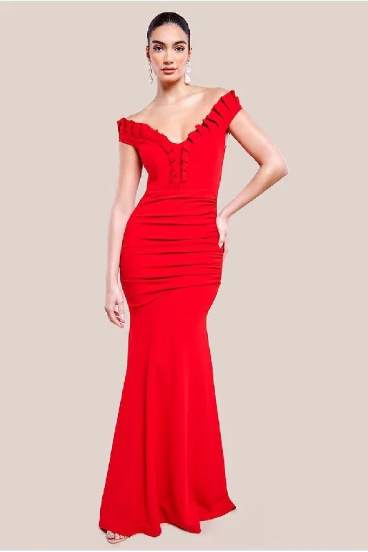 Simple but elegant bridesmaid dress for classic feel -Off The Shoulder Frill Gathered Maxi Dress - Red by Goddiva Simple but elegant bridesmaid dress for classic feel -Off The Shoulder Frill Gathered Maxi Dress - Red by Goddiva