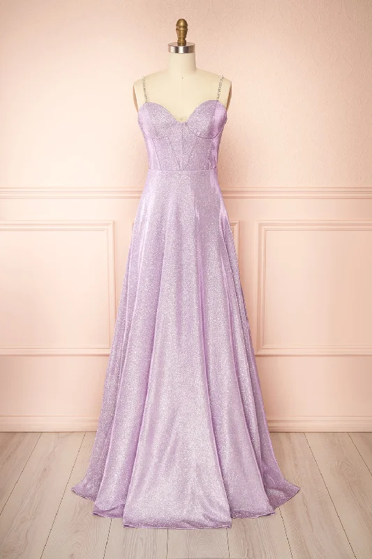 Bridesmaid dress with floral print for a spring vibe -Adoxia | Sparkly Lavender Maxi Dress w/ Corset Back Bridesmaid dress with floral print for a spring vibe -Adoxia | Sparkly Lavender Maxi Dress w/ Corset Back