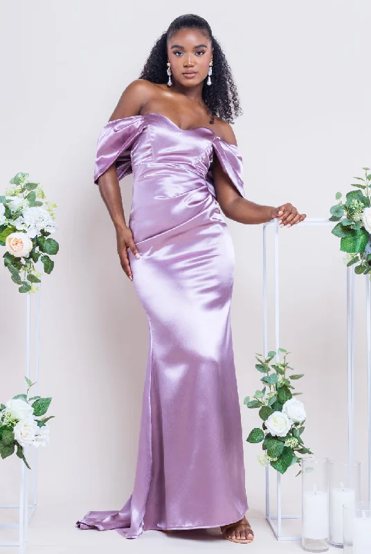 Bridesmaid dress with floral lace for detailed design -Off Shoulder Satin Maxi With V Neck - Rosepink by Goddiva Bridesmaid dress with floral lace for detailed design -Off Shoulder Satin Maxi With V Neck - Rosepink by Goddiva