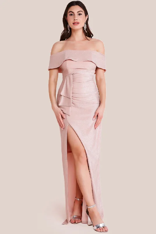 Bridesmaid dress with tulle overlay for a whimsical touch -Lurex Bardot Maxi With Waterfall Ruffle - Blush by Goddiva Bridesmaid dress with tulle overlay for a whimsical touch -Lurex Bardot Maxi With Waterfall Ruffle - Blush by Goddiva