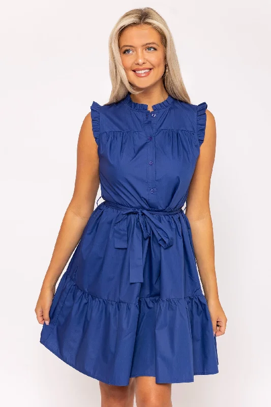 Day dress with ruffled neckline for romantic style -Blue Poplin Mini Dress