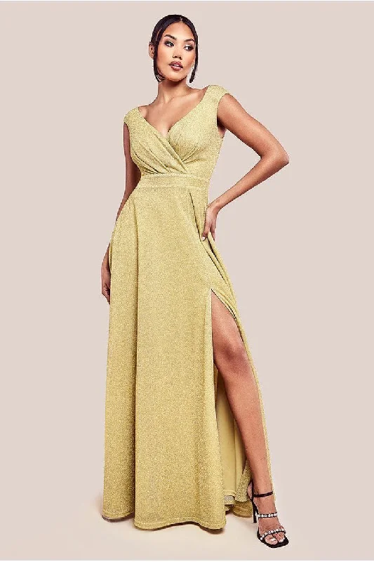 Classic bridesmaid dress with simple design -Crossover Lurex Glitter Maxi Dress - Gold by Goddiva Classic bridesmaid dress with simple design -Crossover Lurex Glitter Maxi Dress - Gold by Goddiva